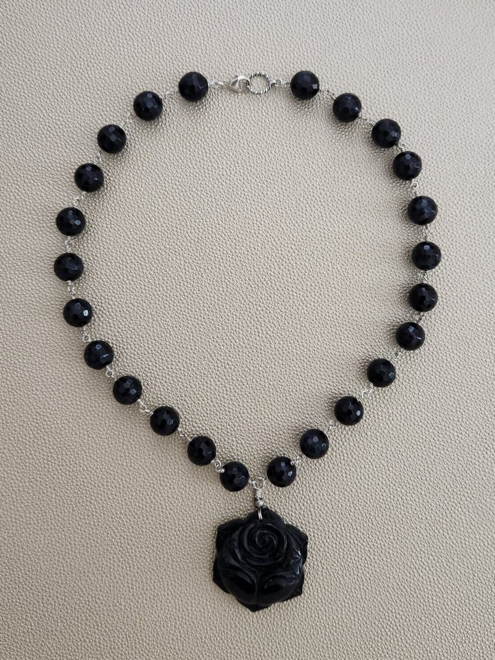 DARK BLUE TIGERS EYE NECKLACE W/ CARVED ROSE PENDANT--19"